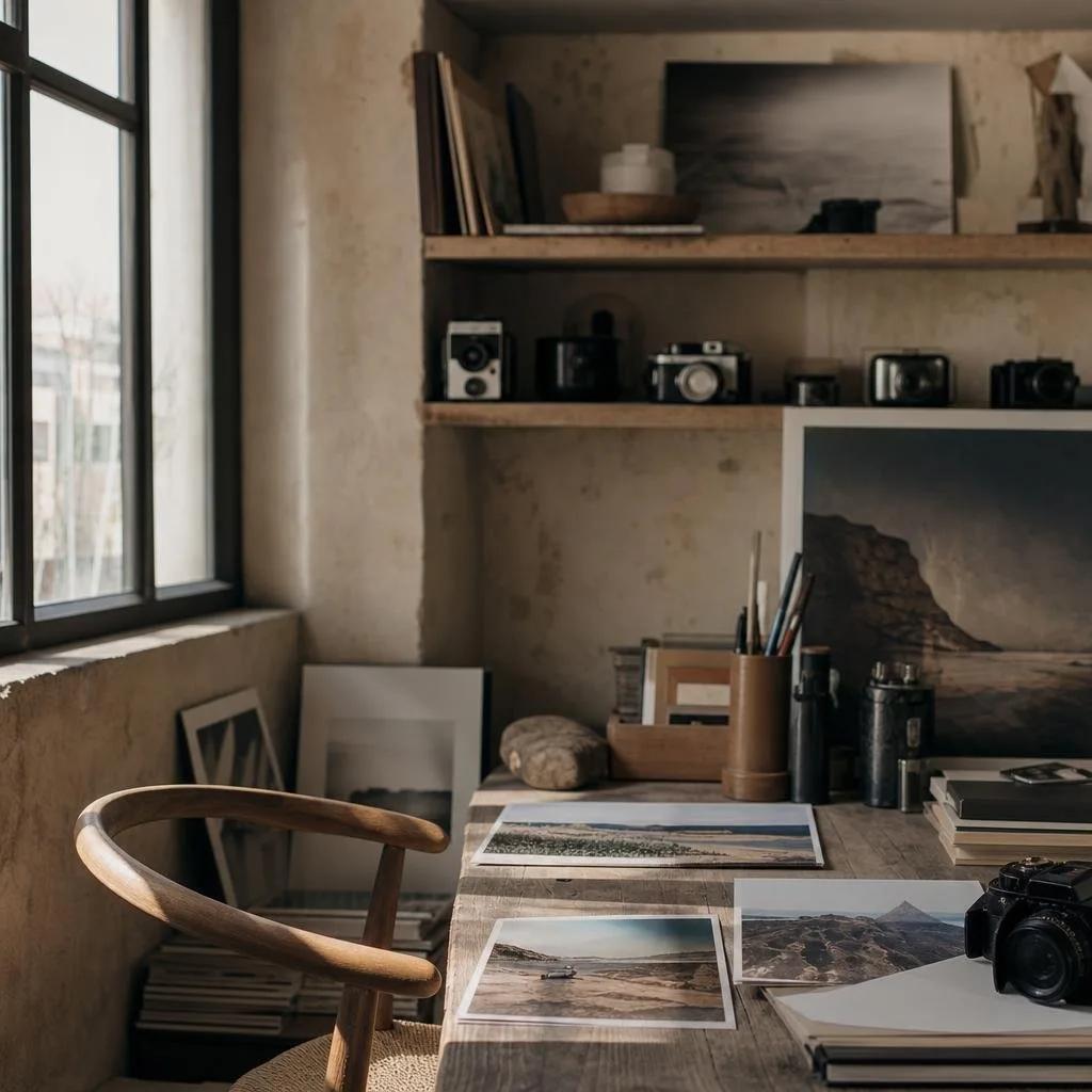 Photographer's workspace with maps, prints and packed camera bags in daylight